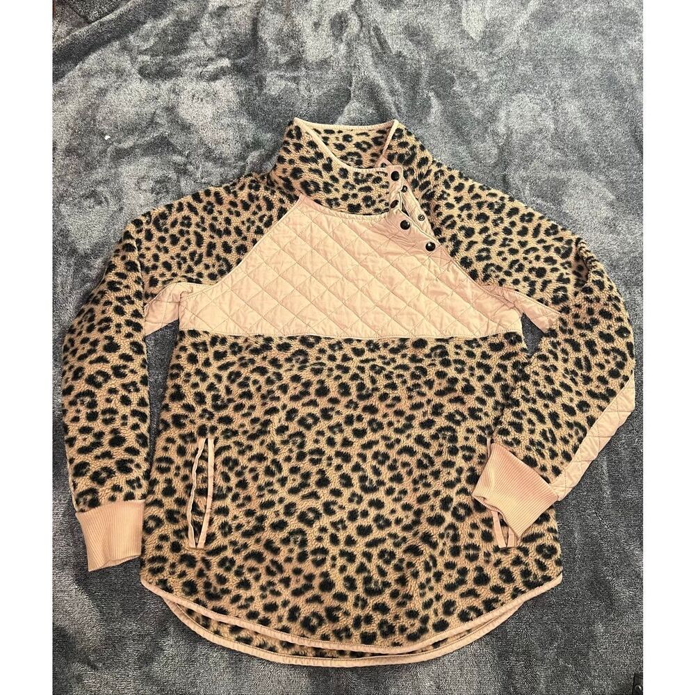Abercrombie & Fitch Leopard Sherpa Fleece Pullover Snap Neck Jacket Women Size M